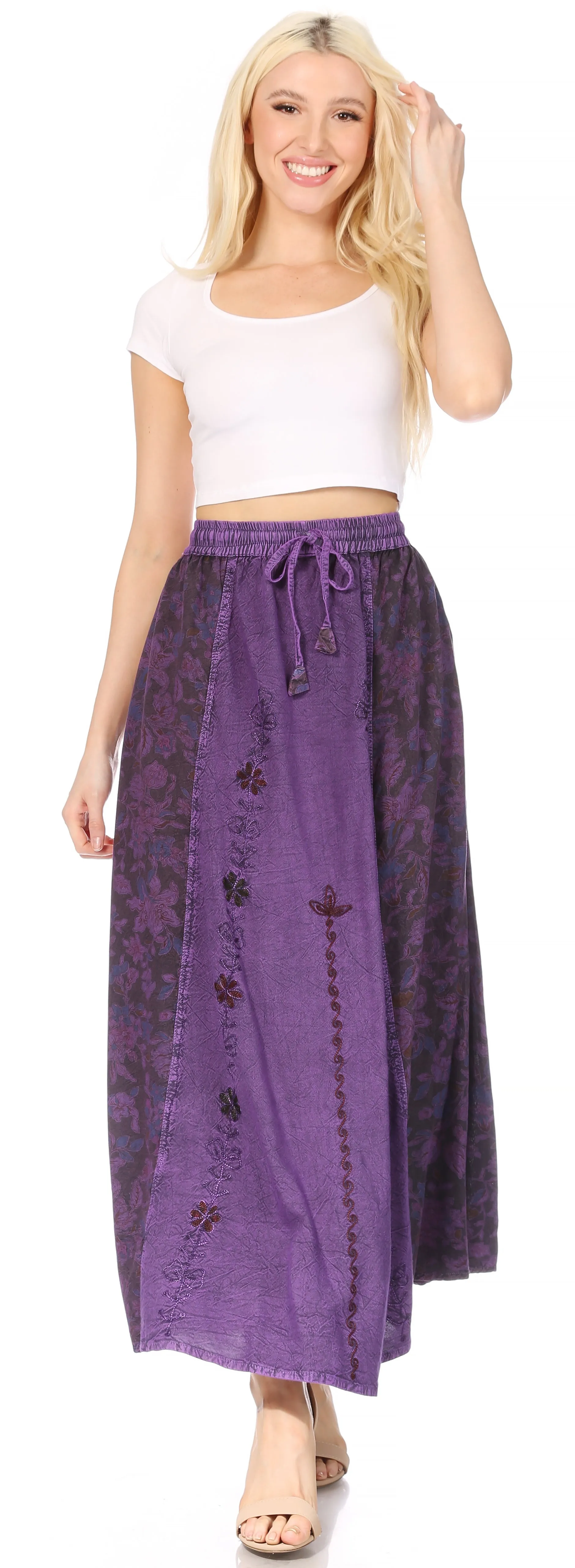 Sakkas Maran Women's Boho Embroidery Skirt with Lace Elastic Waist and Pockets