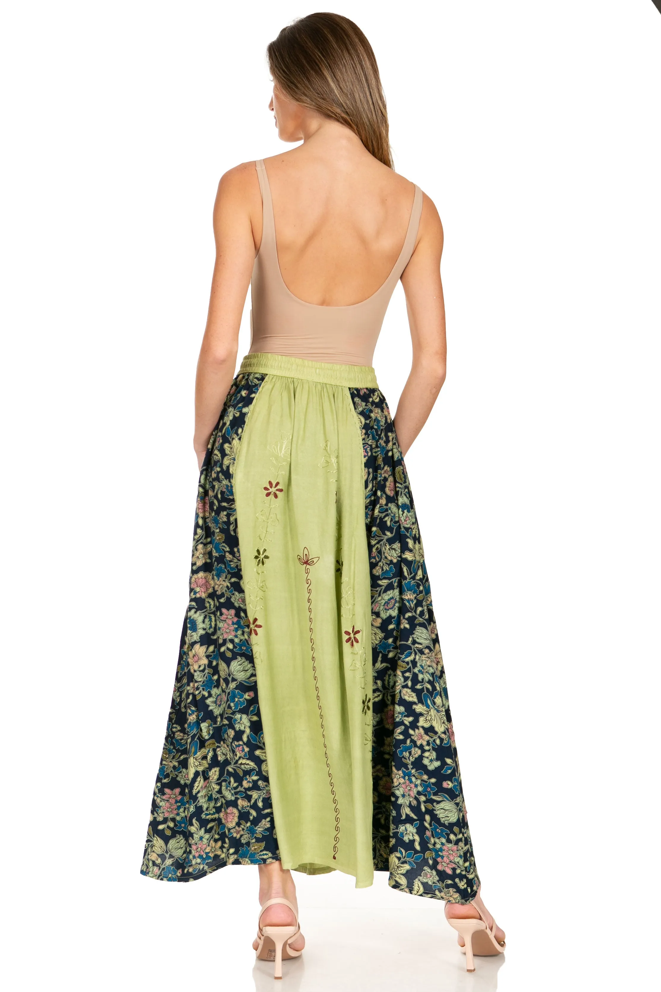 Sakkas Maran Women's Boho Embroidery Skirt with Lace Elastic Waist and Pockets