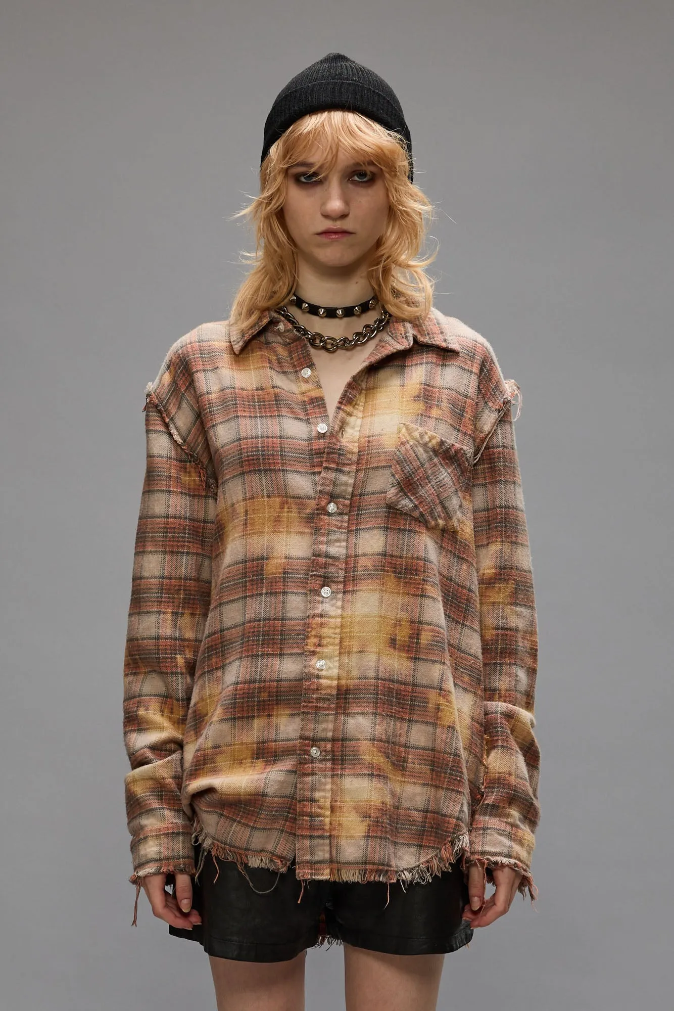 SHREDDED SEAM SHIRT - BLEACHED ORANGE PLAID