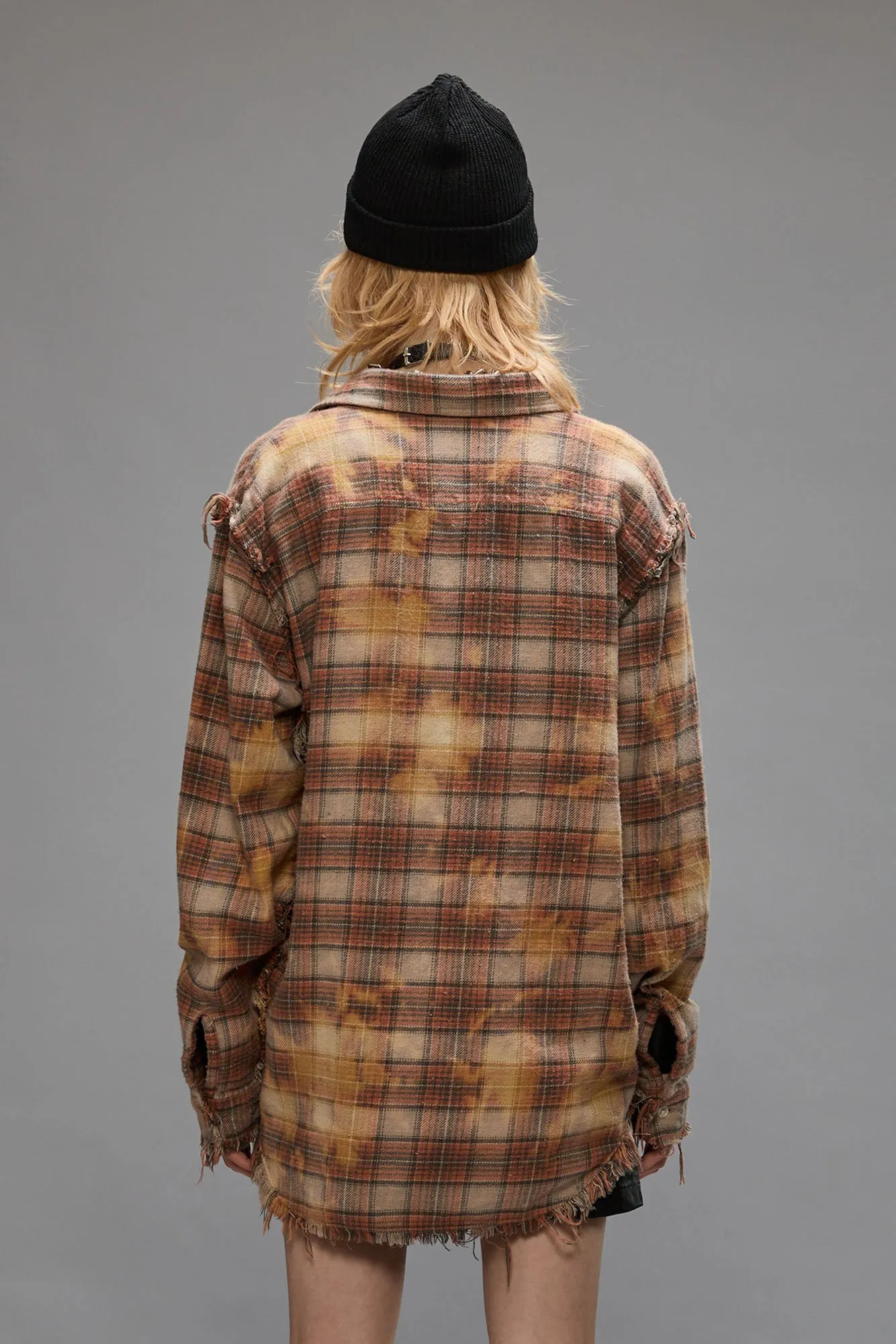 SHREDDED SEAM SHIRT - BLEACHED ORANGE PLAID