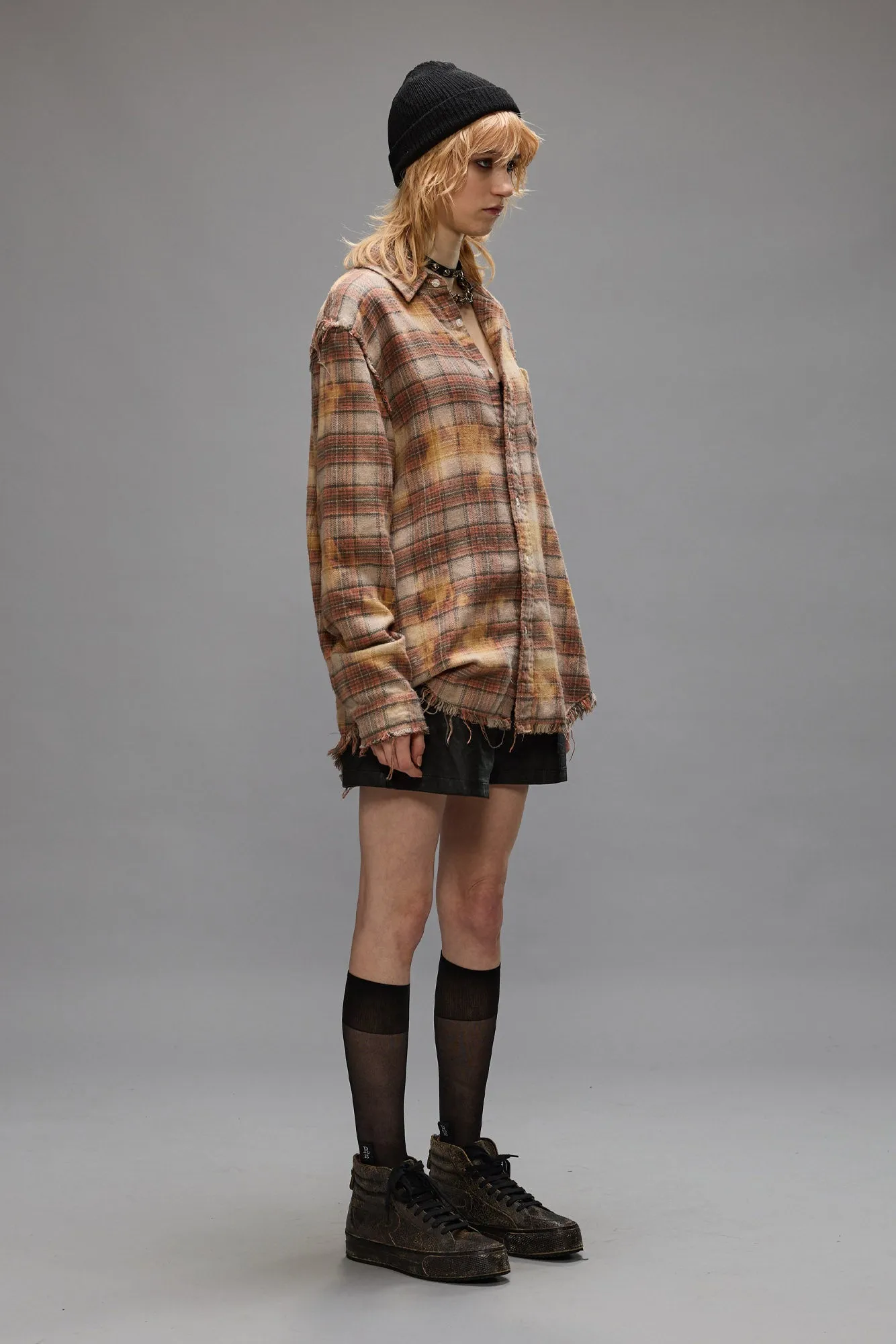 SHREDDED SEAM SHIRT - BLEACHED ORANGE PLAID