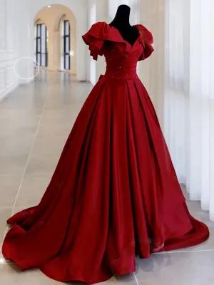 Simple Burgundy Satin Long Prom Dress, Burgundy Long Evening Dress