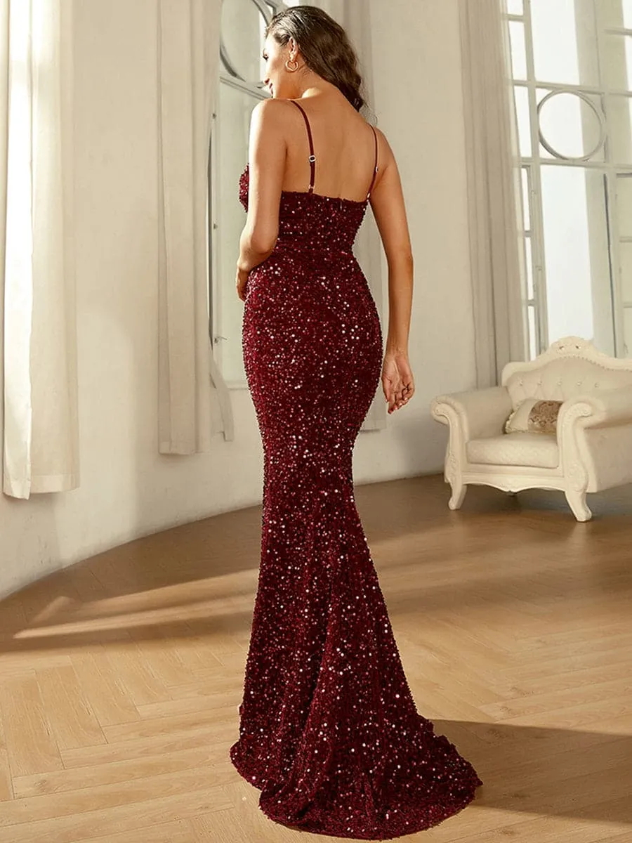 Spaghetti Backless Sequin Maxi Wine Evening Dress XJ1646