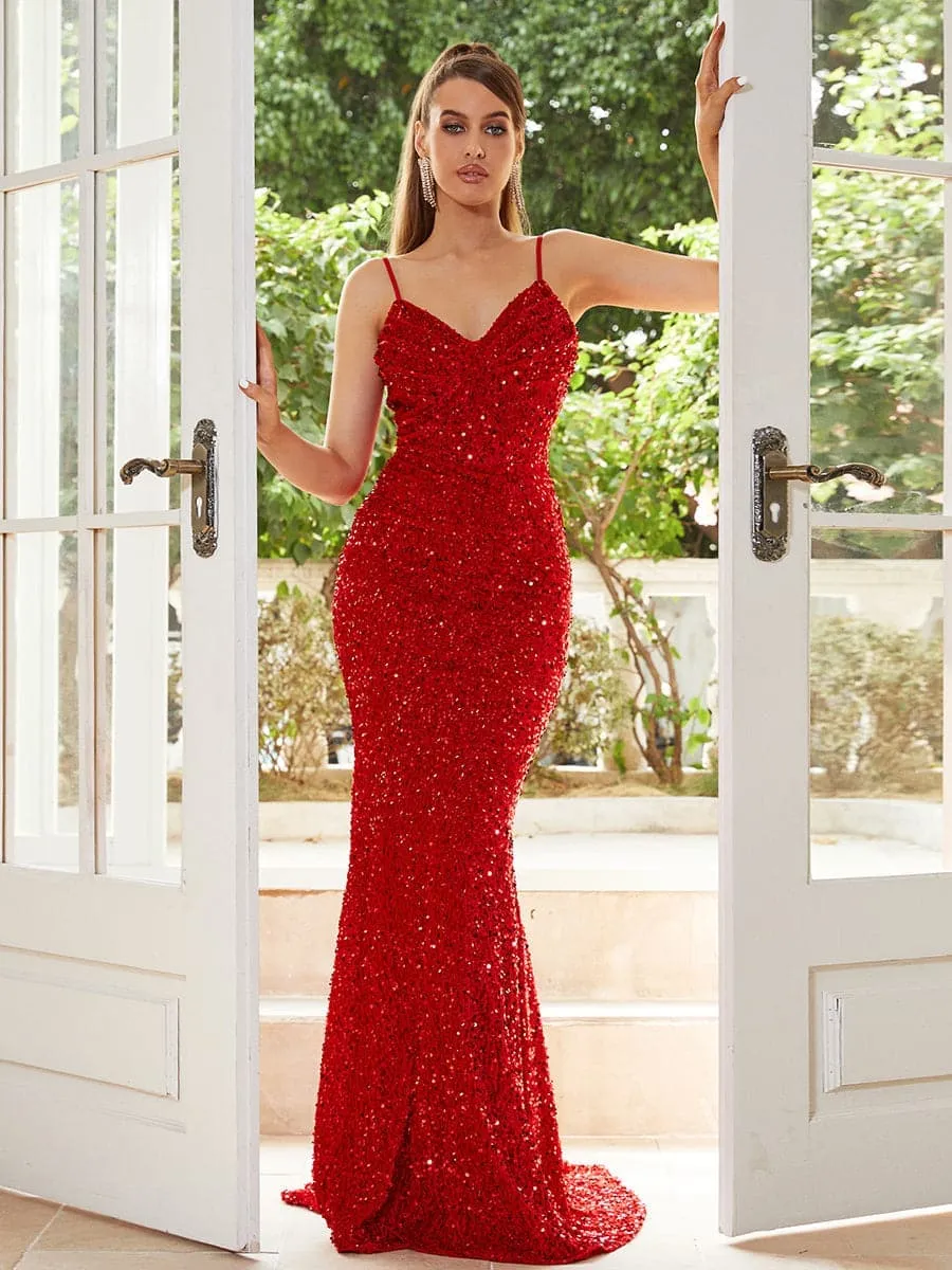 Spaghetti Backless Sequin Maxi Wine Evening Dress XJ1646