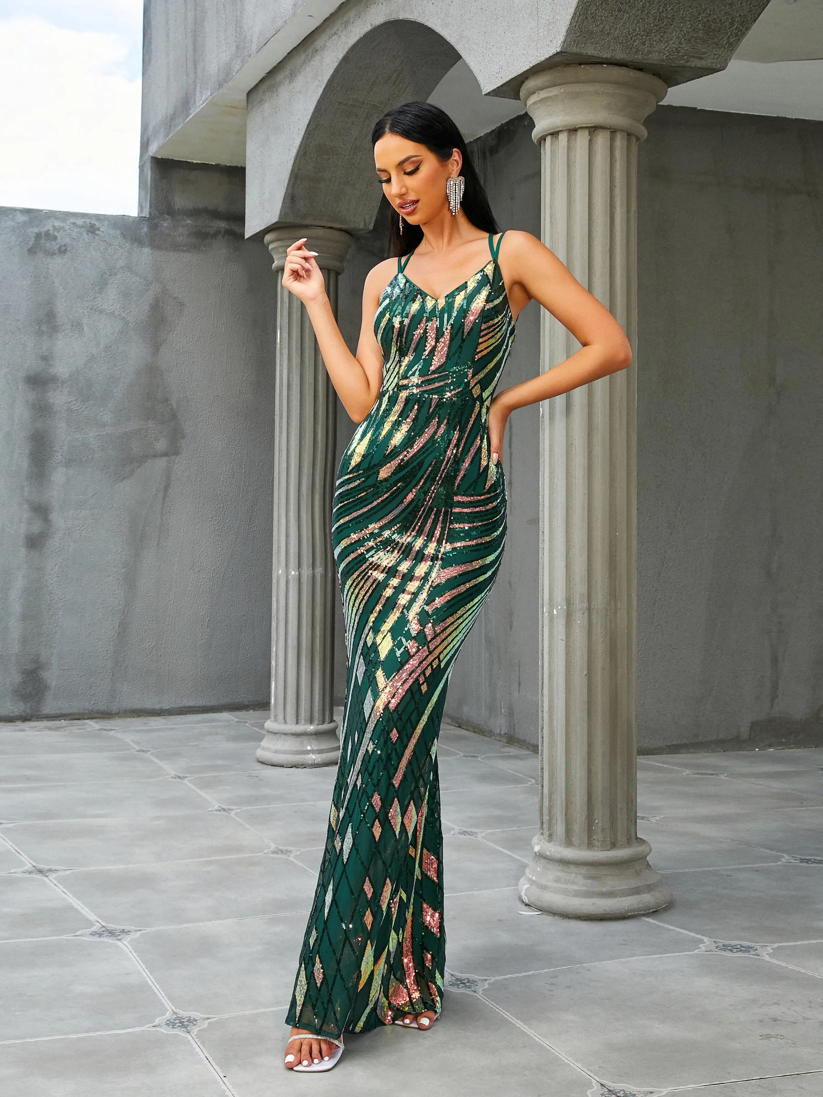 Spaghetti V-Neck Backless Mermaid Sleeveless Evening Dress RH30653