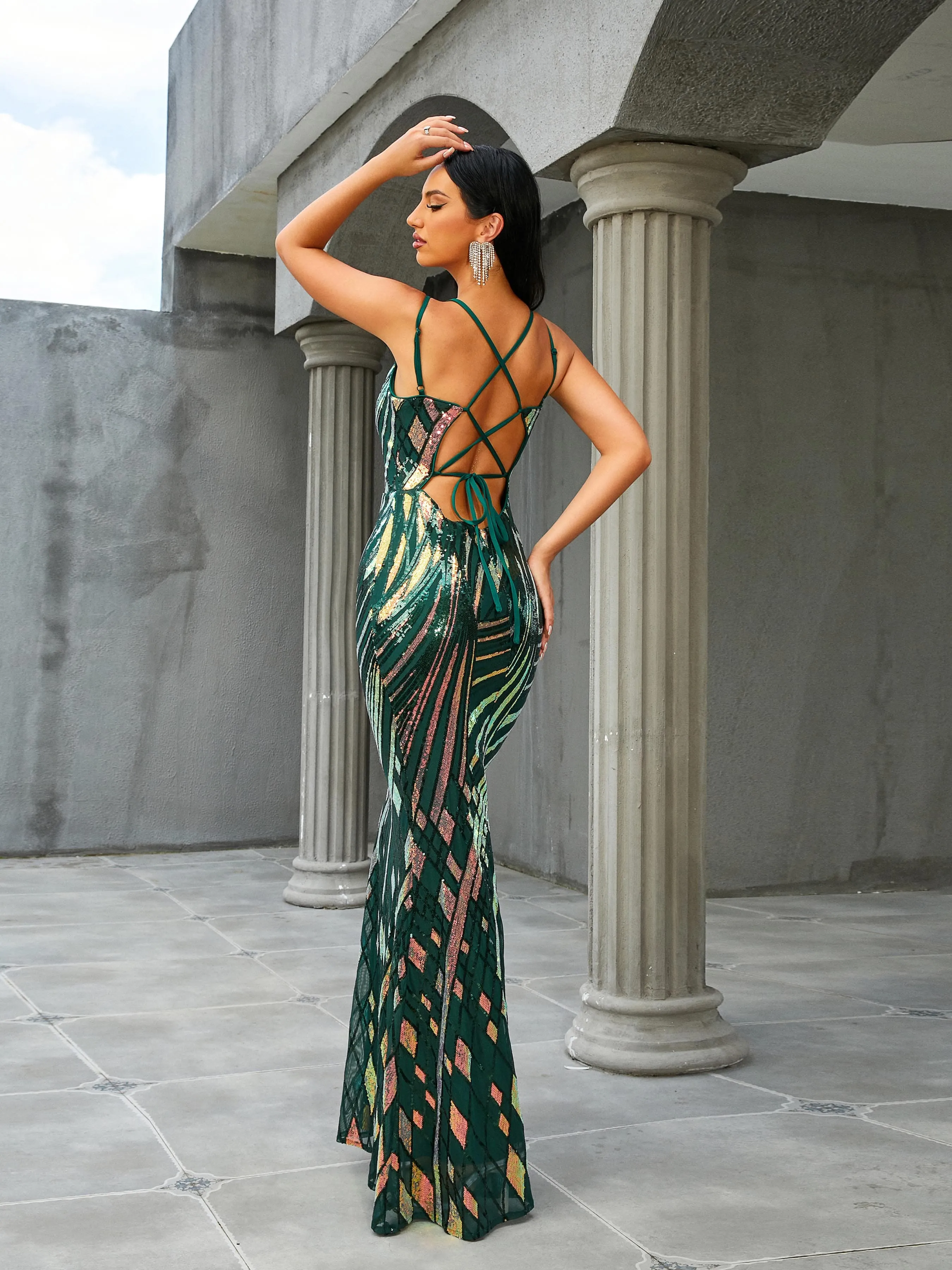 Spaghetti V-Neck Backless Mermaid Sleeveless Evening Dress RH30653