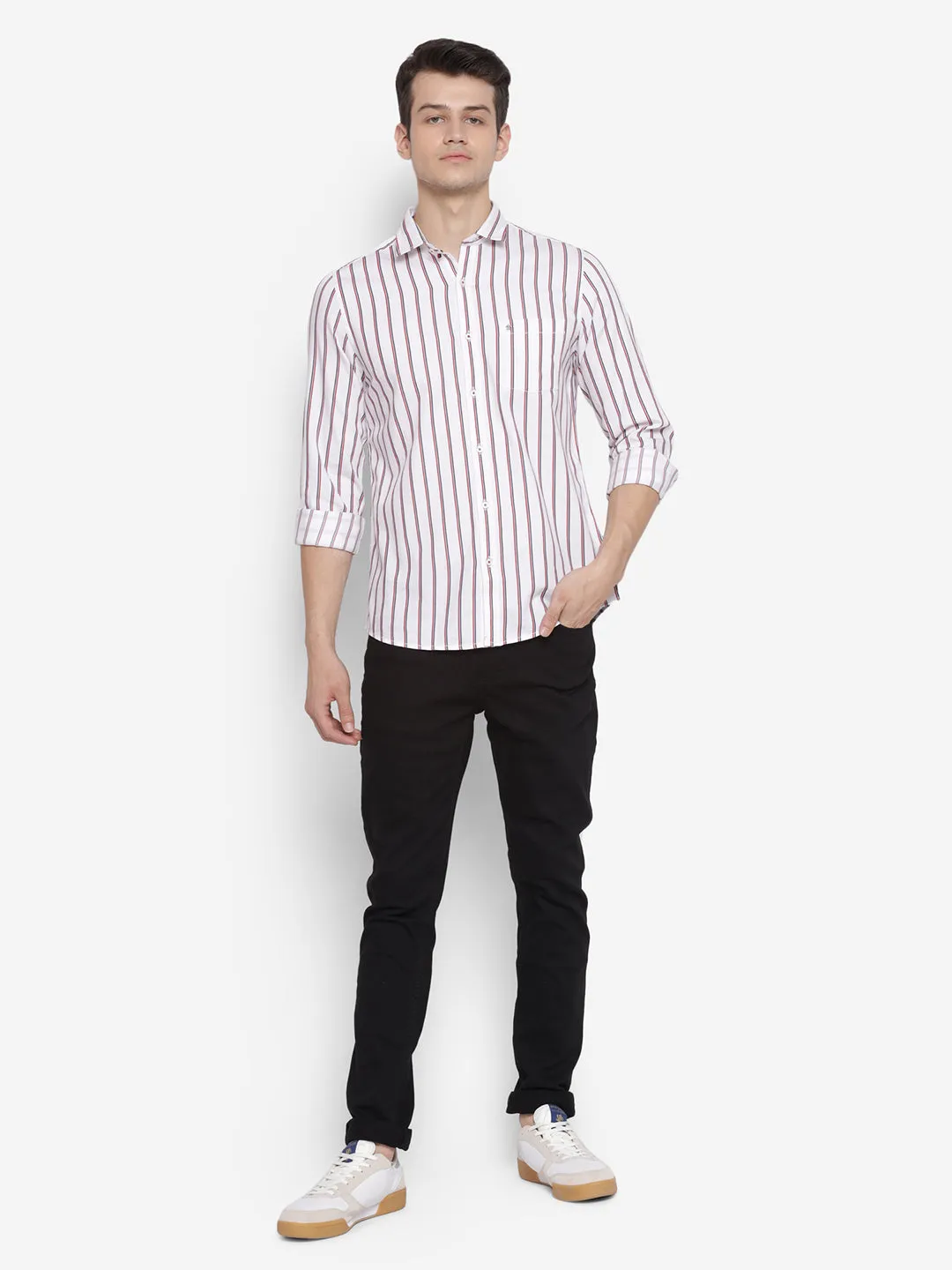 Striped White Slim Fit Causal Shirt