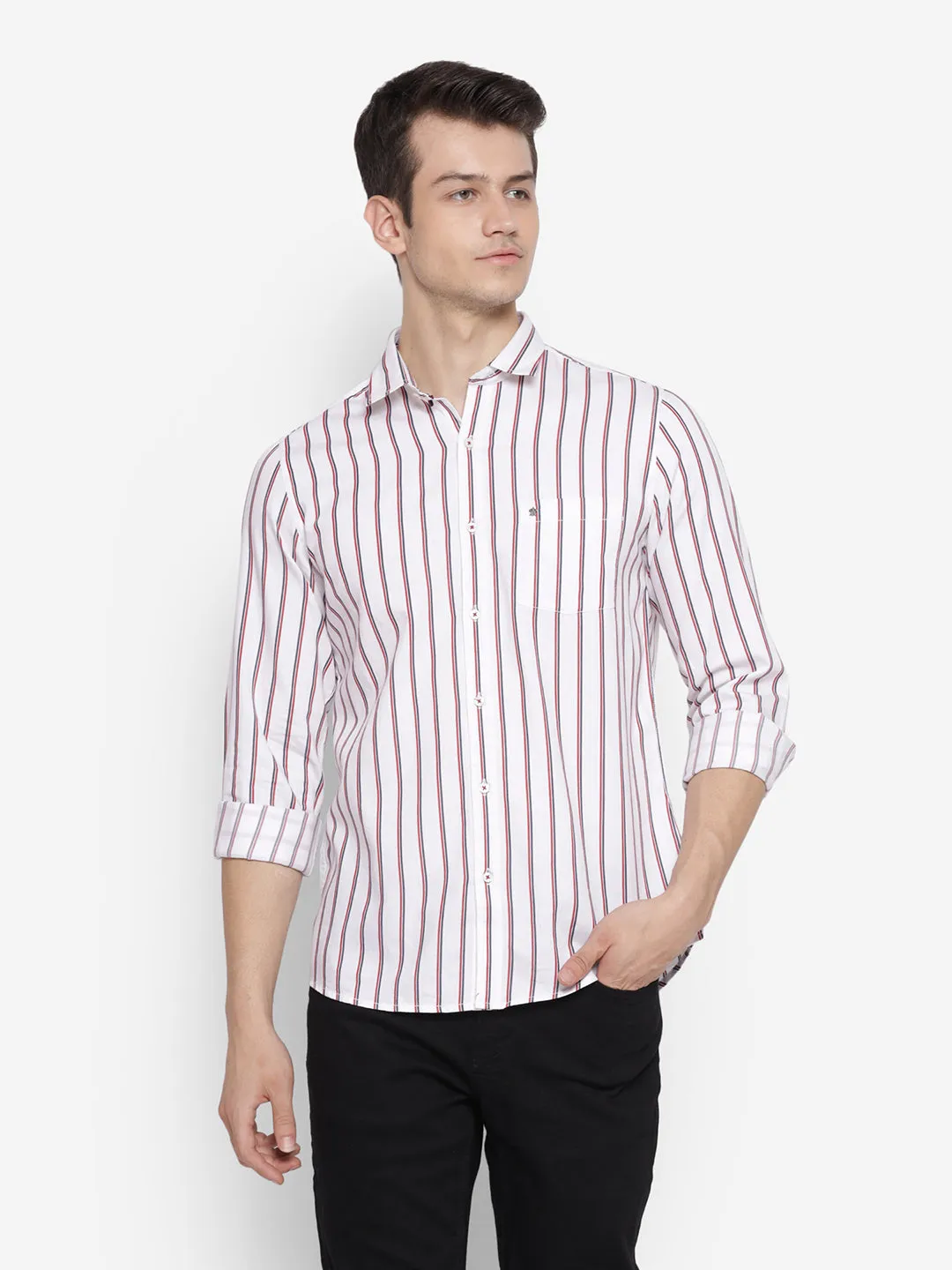 Striped White Slim Fit Causal Shirt