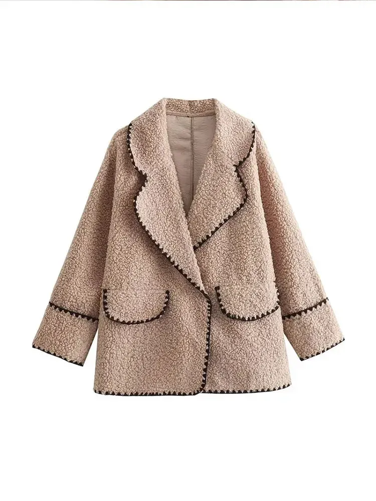 TAVIMART  -  Women Contrasting One Button Lamb Woolen Coat Fashion Lapel Long Sleeves Short Plush Jacket Autumn Casual Lady Street Outwear