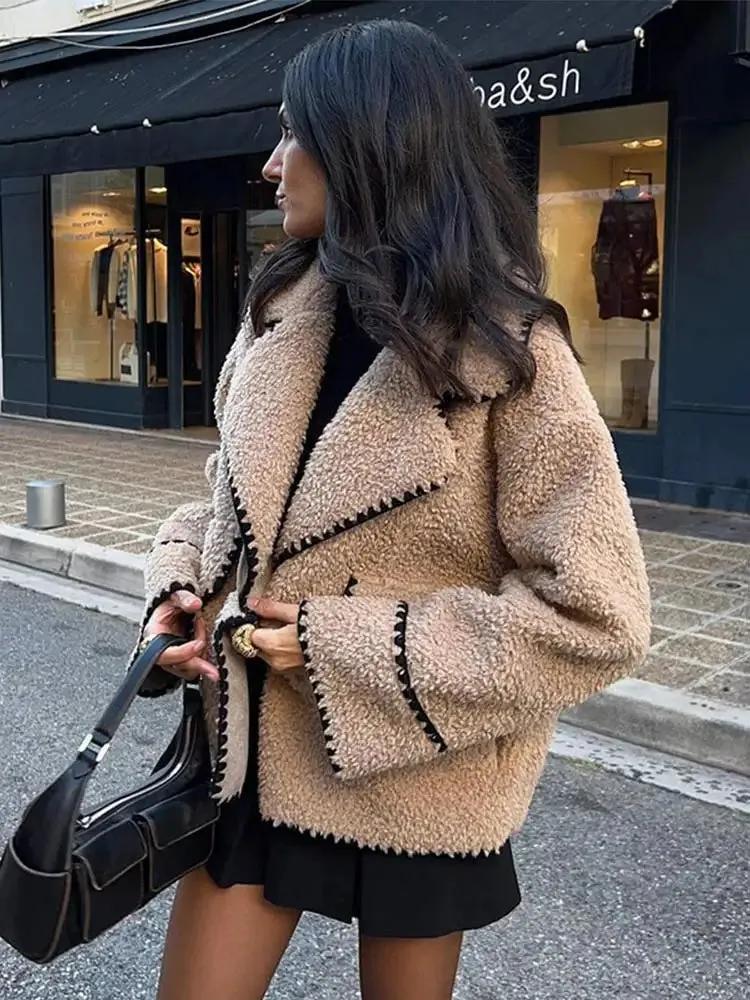 TAVIMART  -  Women Contrasting One Button Lamb Woolen Coat Fashion Lapel Long Sleeves Short Plush Jacket Autumn Casual Lady Street Outwear