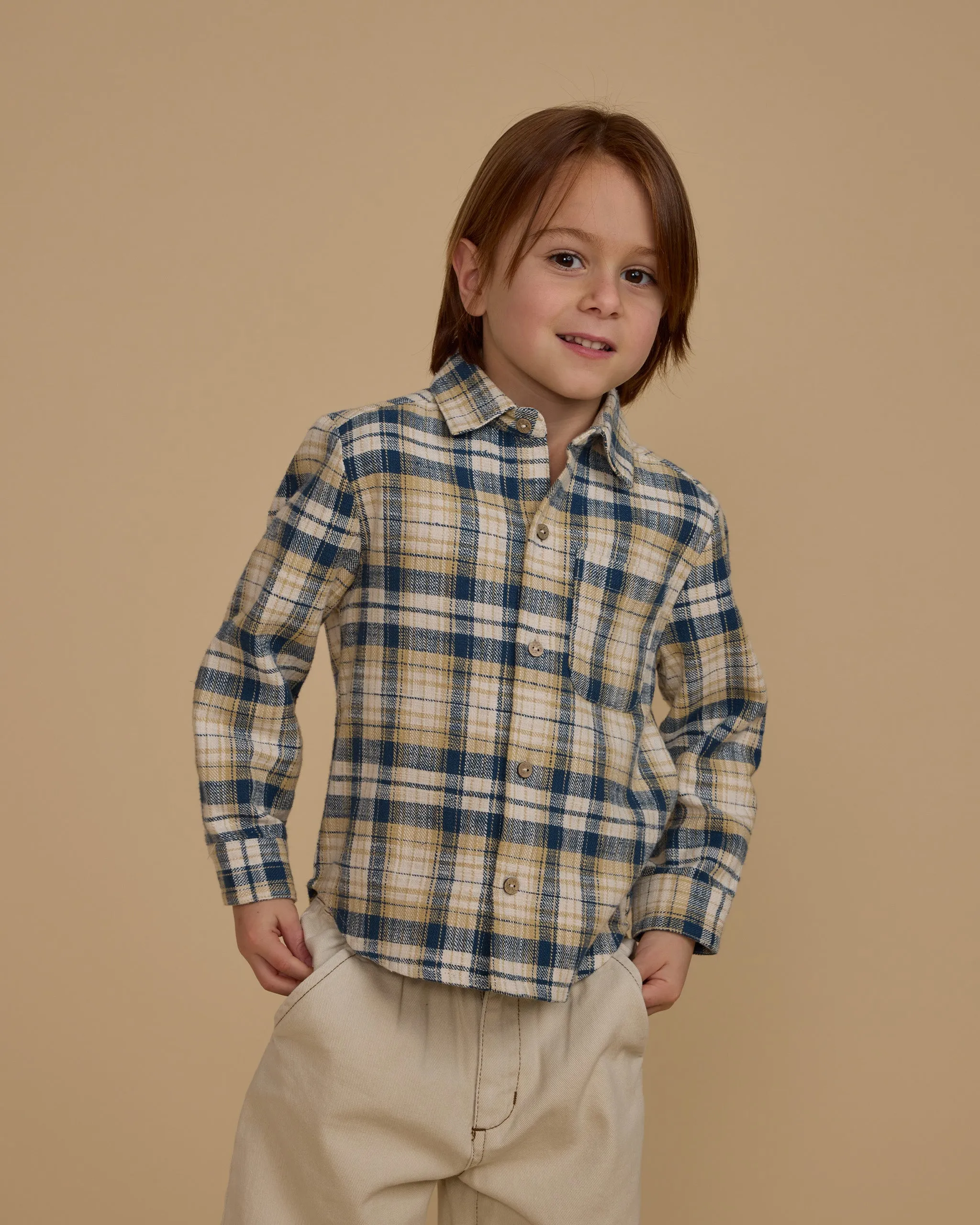 The Collared Long Sleeve Shirt by Rylee   Cru - Indigo Plaid - KIDS