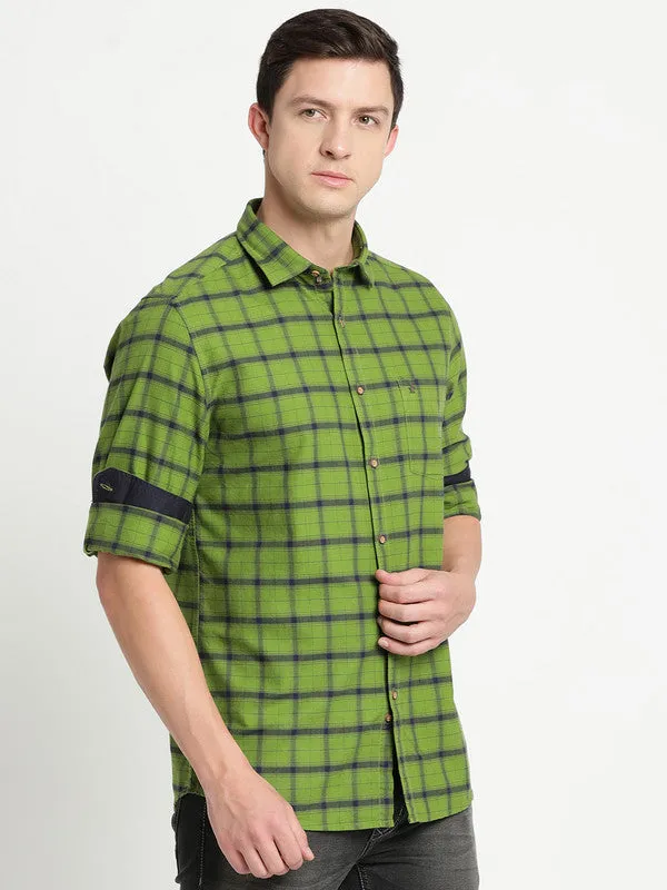 Turtle Men Green Cotton Checked Slim Fit Casual Shirts