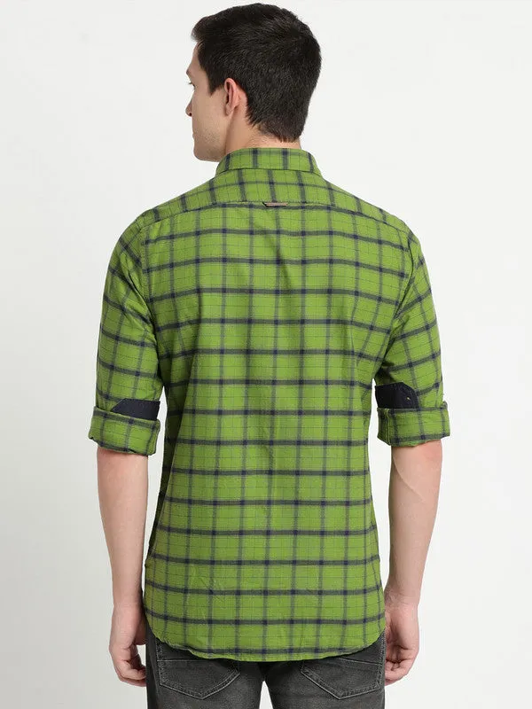 Turtle Men Green Cotton Checked Slim Fit Casual Shirts