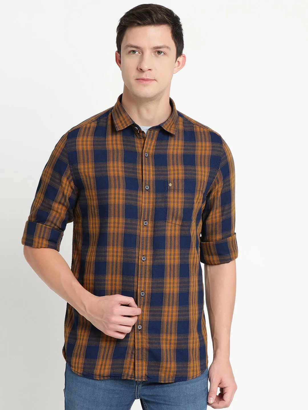 Turtle Men Khaki Cotton Checked Slim Fit Shirts