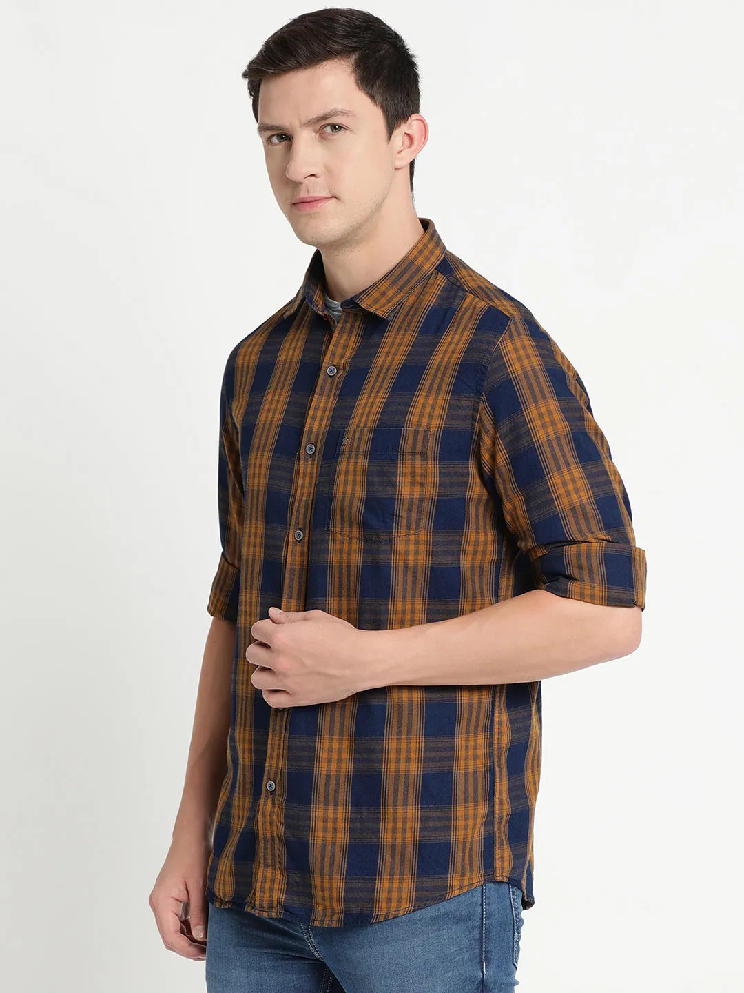 Turtle Men Khaki Cotton Checked Slim Fit Shirts