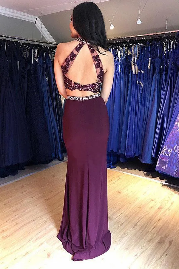 Two Piece Grape Mermaid Open Back Long Prom Dress  Evening Dress PG978