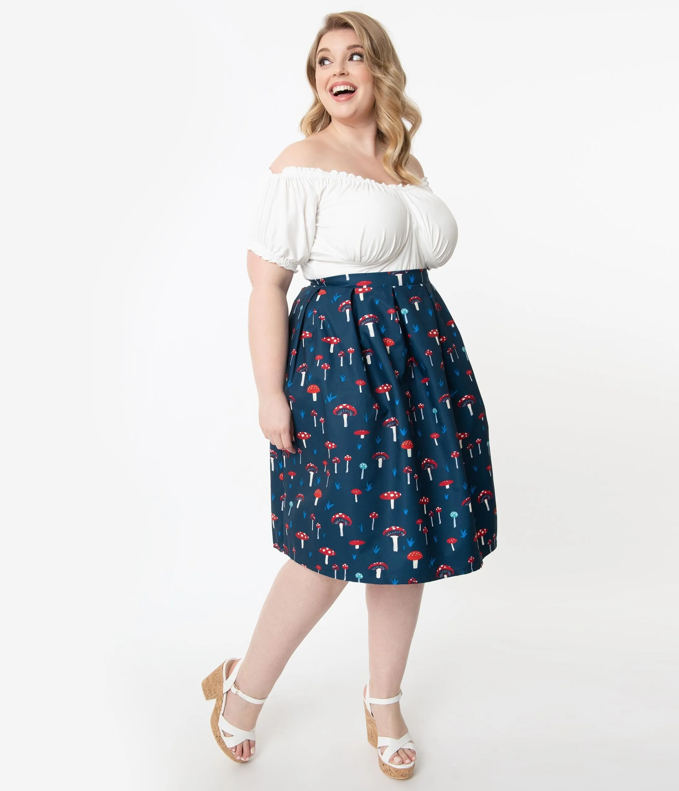 Unique Vintage Plus Size Navy Mushroom Print Jayne Swing Skirt