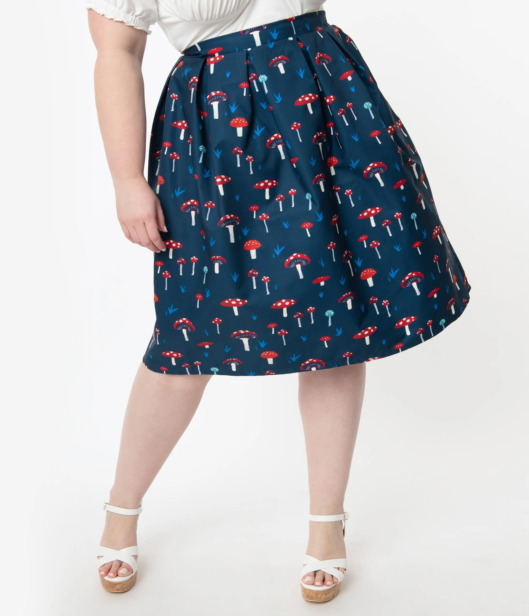 Unique Vintage Plus Size Navy Mushroom Print Jayne Swing Skirt