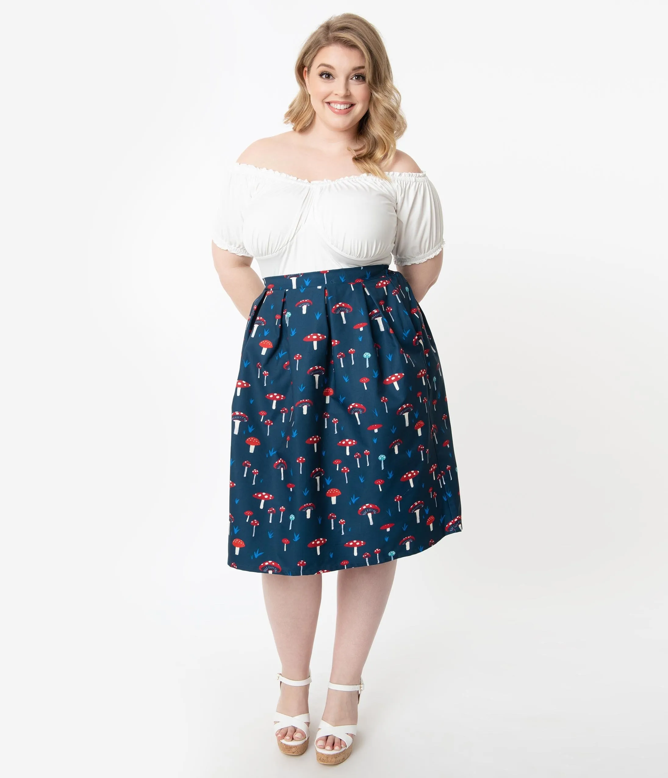 Unique Vintage Plus Size Navy Mushroom Print Jayne Swing Skirt