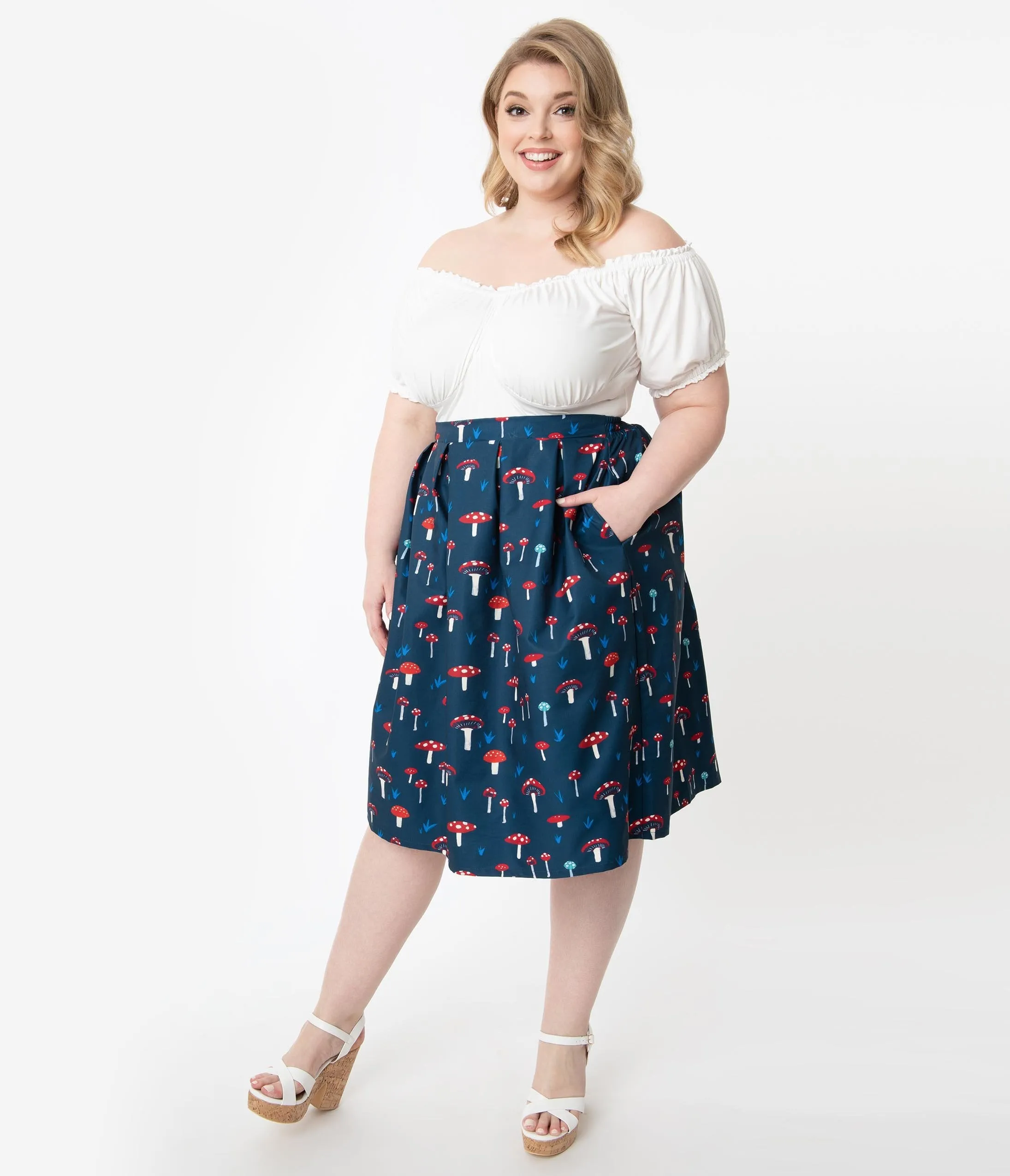 Unique Vintage Plus Size Navy Mushroom Print Jayne Swing Skirt