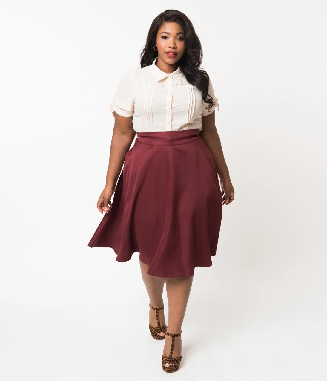 Unique Vintage Plus Size Retro Style Burgundy High Waist Vivien Swing Skirt