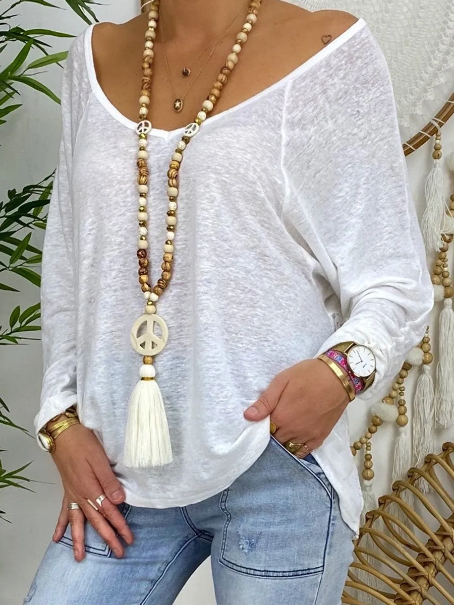 V-neck Lace Loose Long Sleeve T-shirts