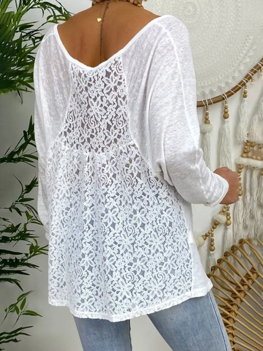 V-neck Lace Loose Long Sleeve T-shirts