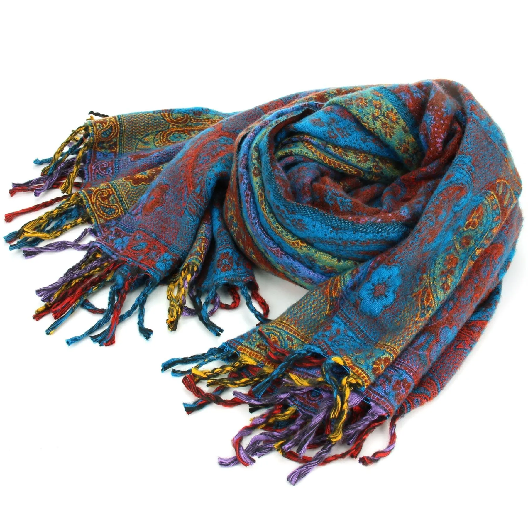 Vegan Wool Shawl Blanket - Paisley Stripe - Bright Blue & Green