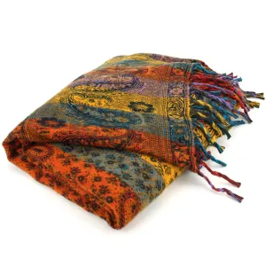 Vegan Wool Shawl Blanket - Paisley Stripe - Orange & Yellow