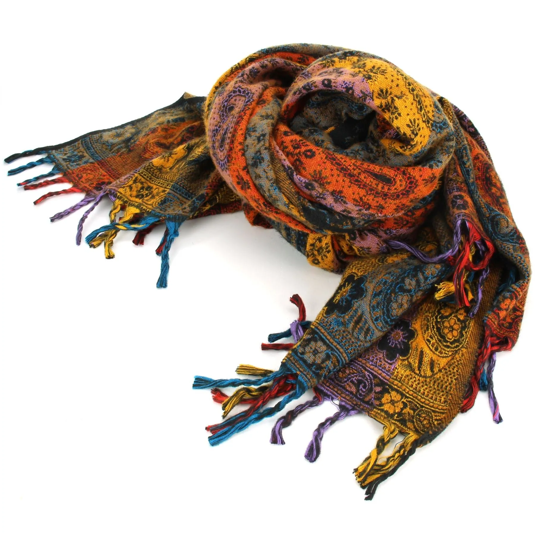 Vegan Wool Shawl Blanket - Paisley Stripe - Orange & Yellow