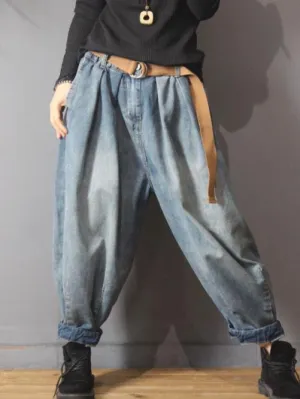 Vintage Denim Loose Elastic Waist Bloomers Pants