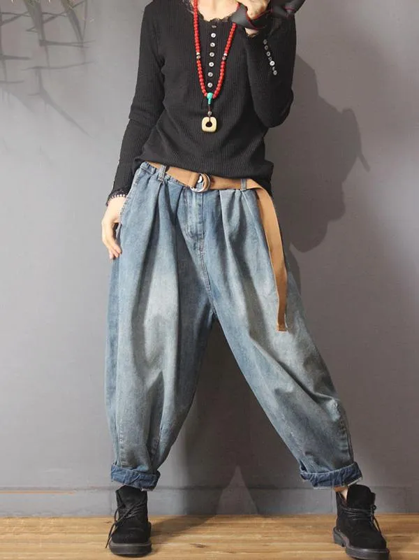 Vintage Denim Loose Elastic Waist Bloomers Pants