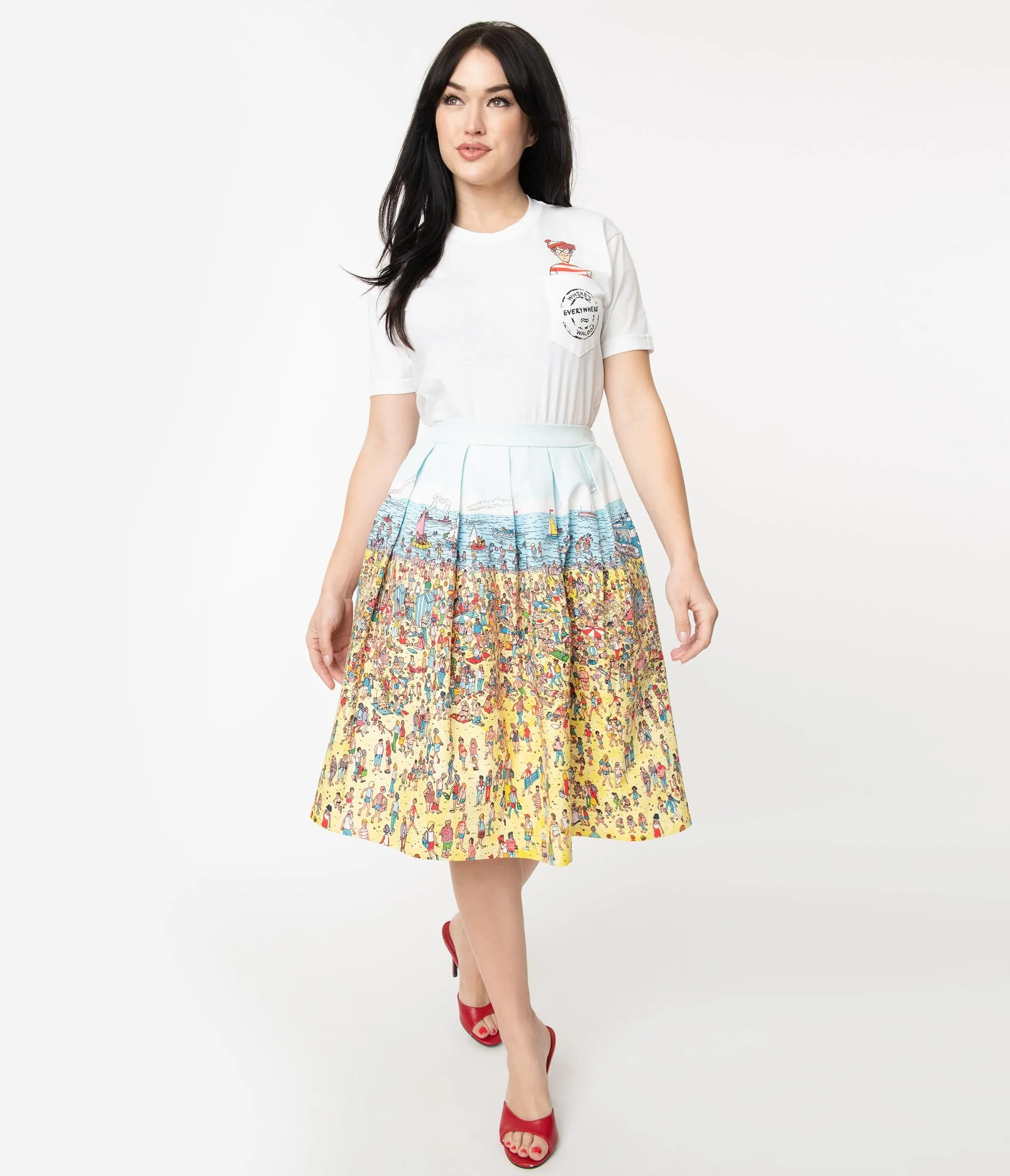 Wheres Waldo x Unique Vintage On The Beach Print Jayne Swing Skirt