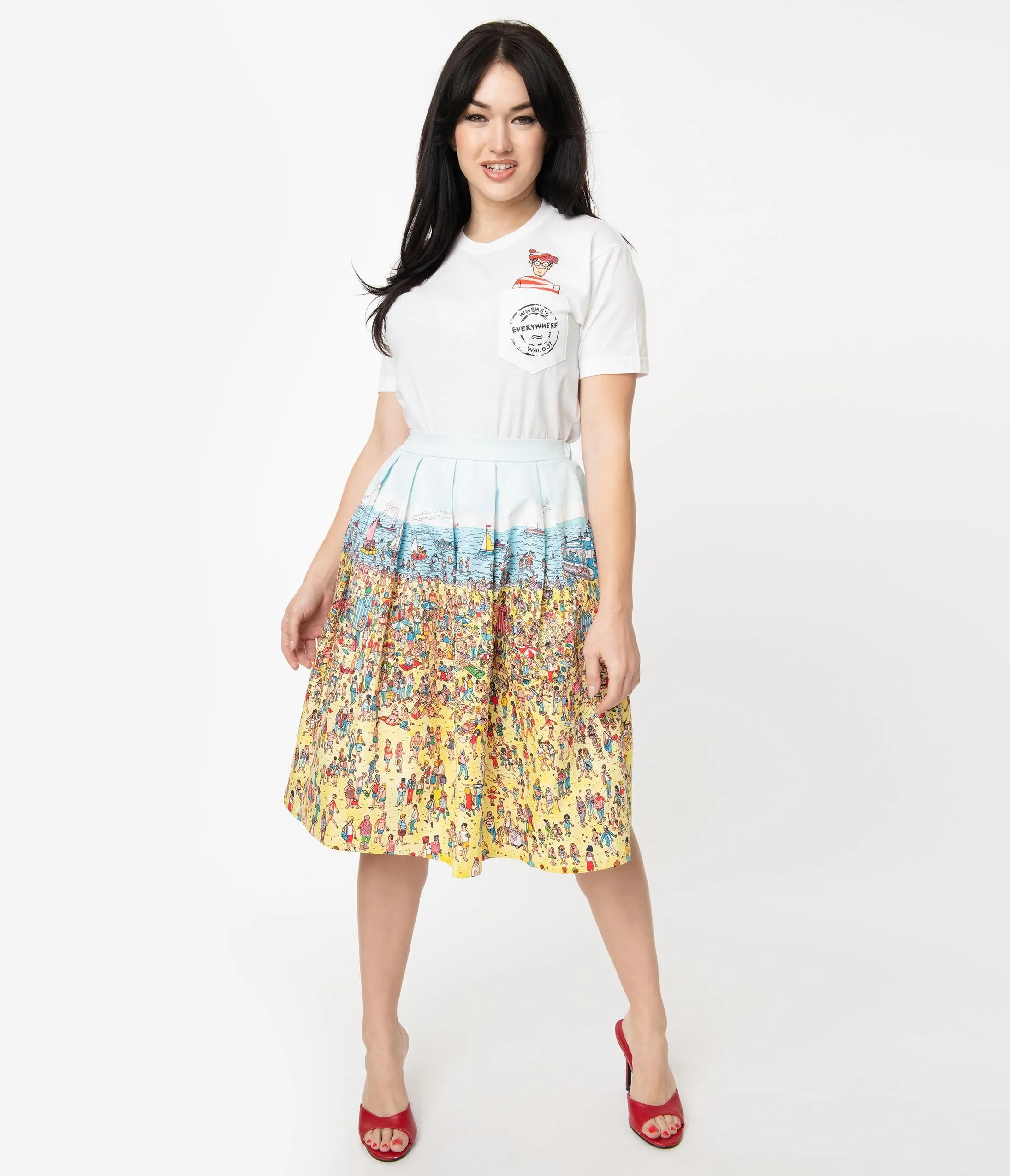 Wheres Waldo x Unique Vintage On The Beach Print Jayne Swing Skirt