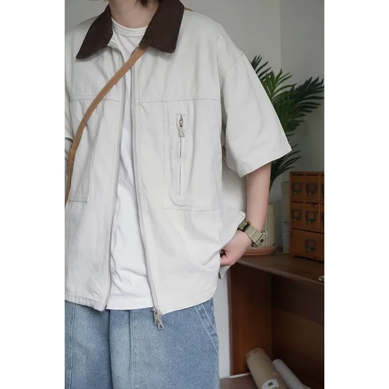 Wiaofellas  -  Japan fashion Retro Washed Cotton Pearl Sail Contrast Color Collar Detroit Loose Short sleeve Zip-up Shirts