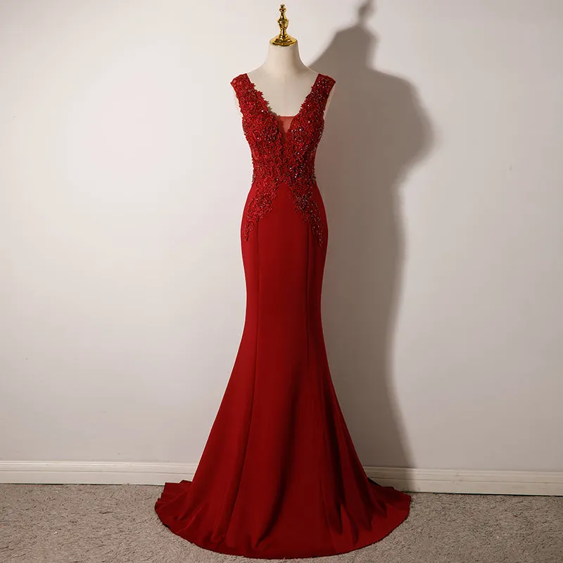 Wine Red Mermaid Floor Length Low Back Evening Dress Burgundy Prom Dress Party Dress