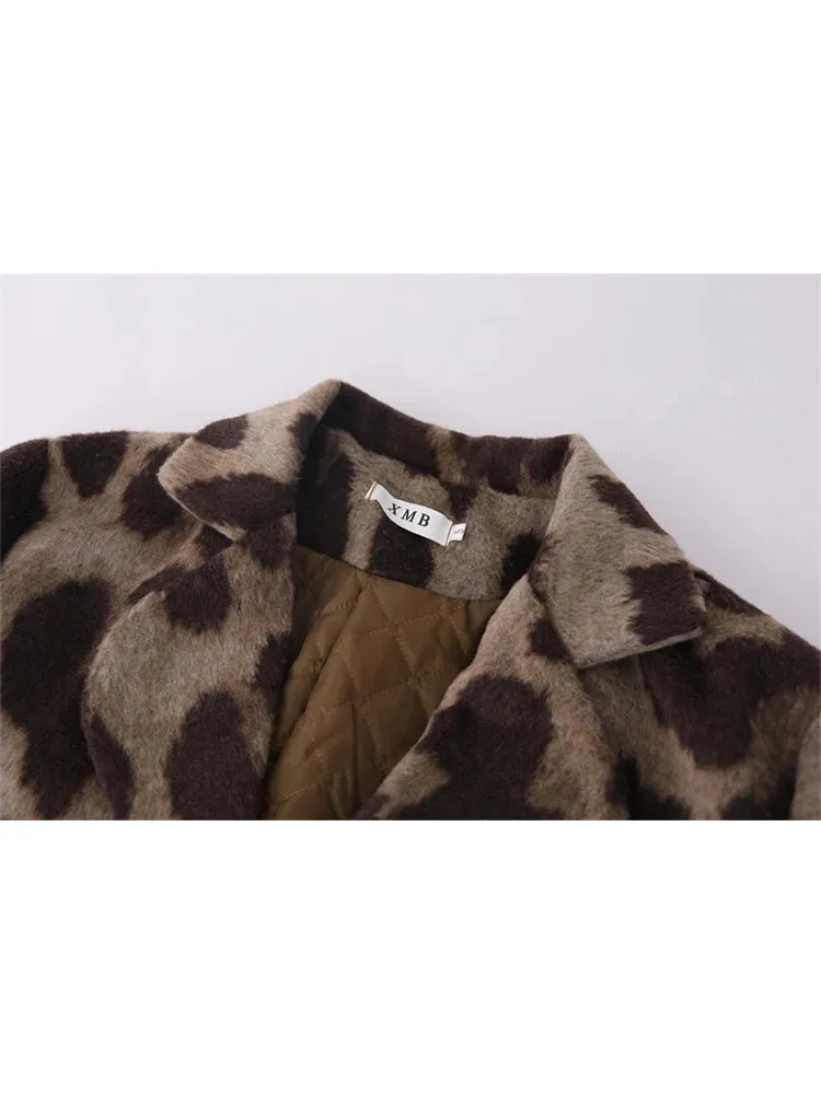 Winter Women Old Money Leopard Print Jacket 90s Vintage Blazer Woolen Coat Single-breasted Outwear Warm Thick Oversize Harajuku