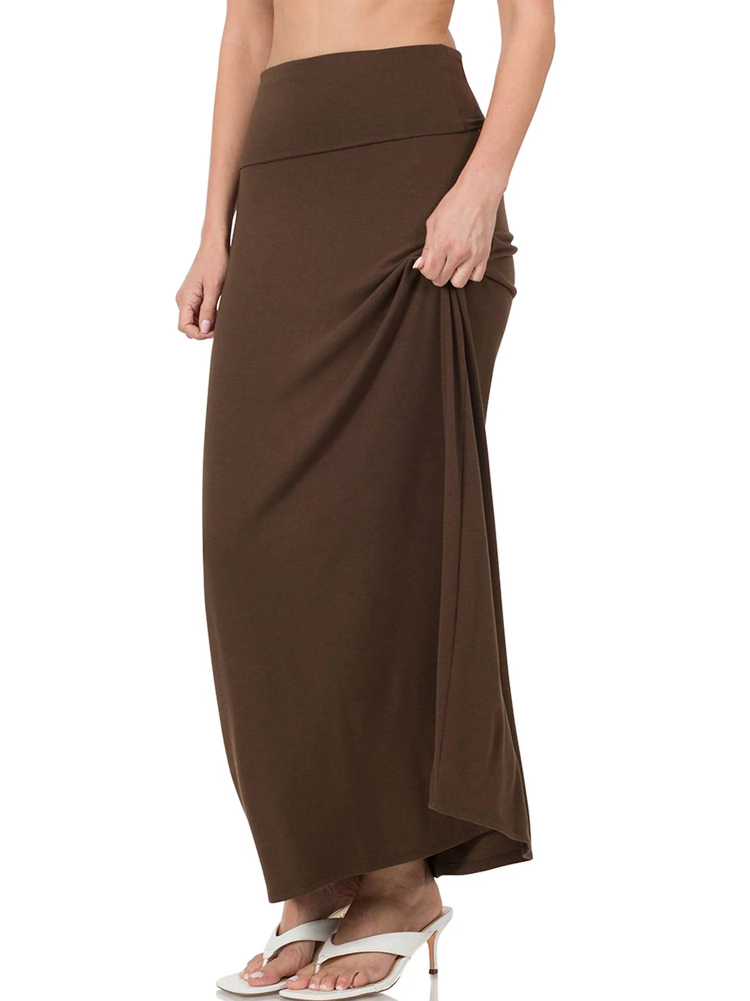 Womens Classic Maxi Skirt with Foldable Wide Waistband (S-3X)