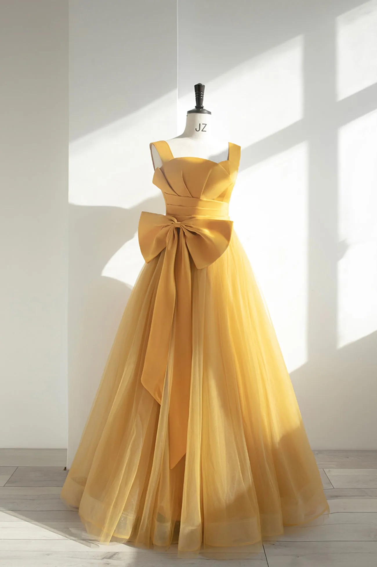 Yellow Tulle Long A-Line Prom Dress, Cute Evening Dress with Bow