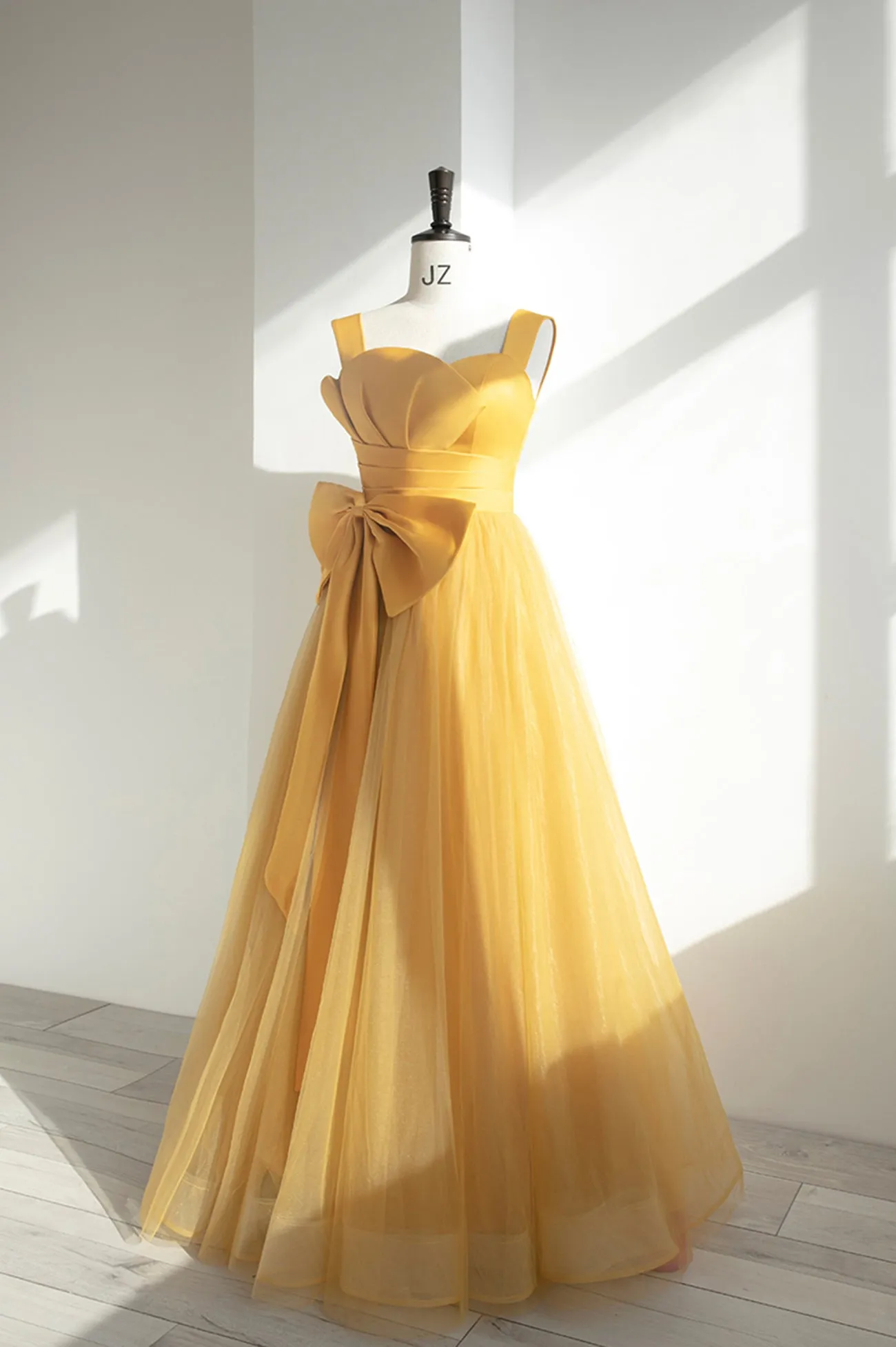 Yellow Tulle Long A-Line Prom Dress, Cute Evening Dress with Bow