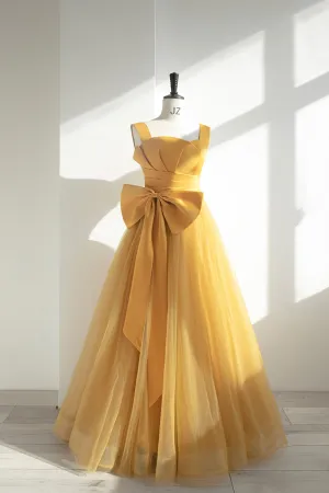 Yellow Tulle Long A-Line Prom Dress, Cute Evening Dress with Bow