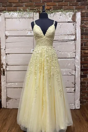 Yellow V-Neck Lace Long Prom Dress A-Line Evening Dress